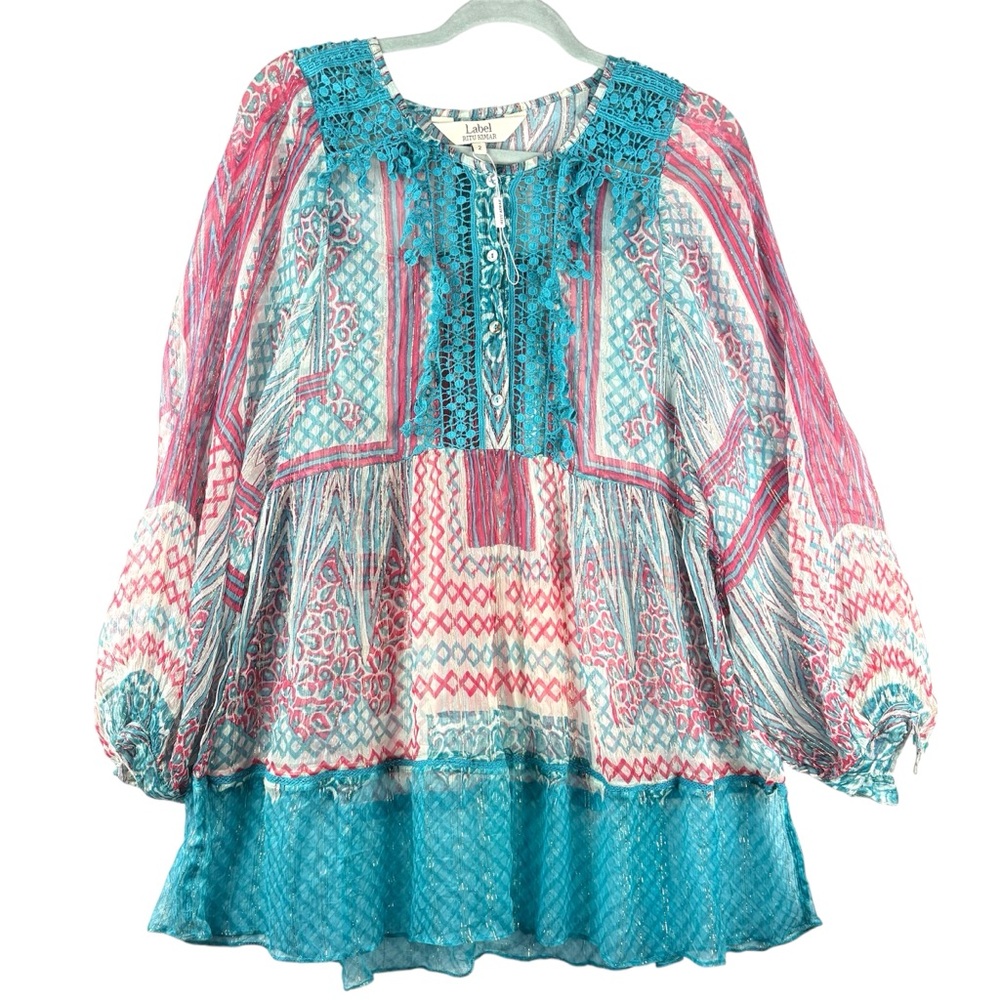 Ritu Kumar Multicolor Boho Blouse Sheer Flowy Long Sleeves NWT Sz 2 Festival